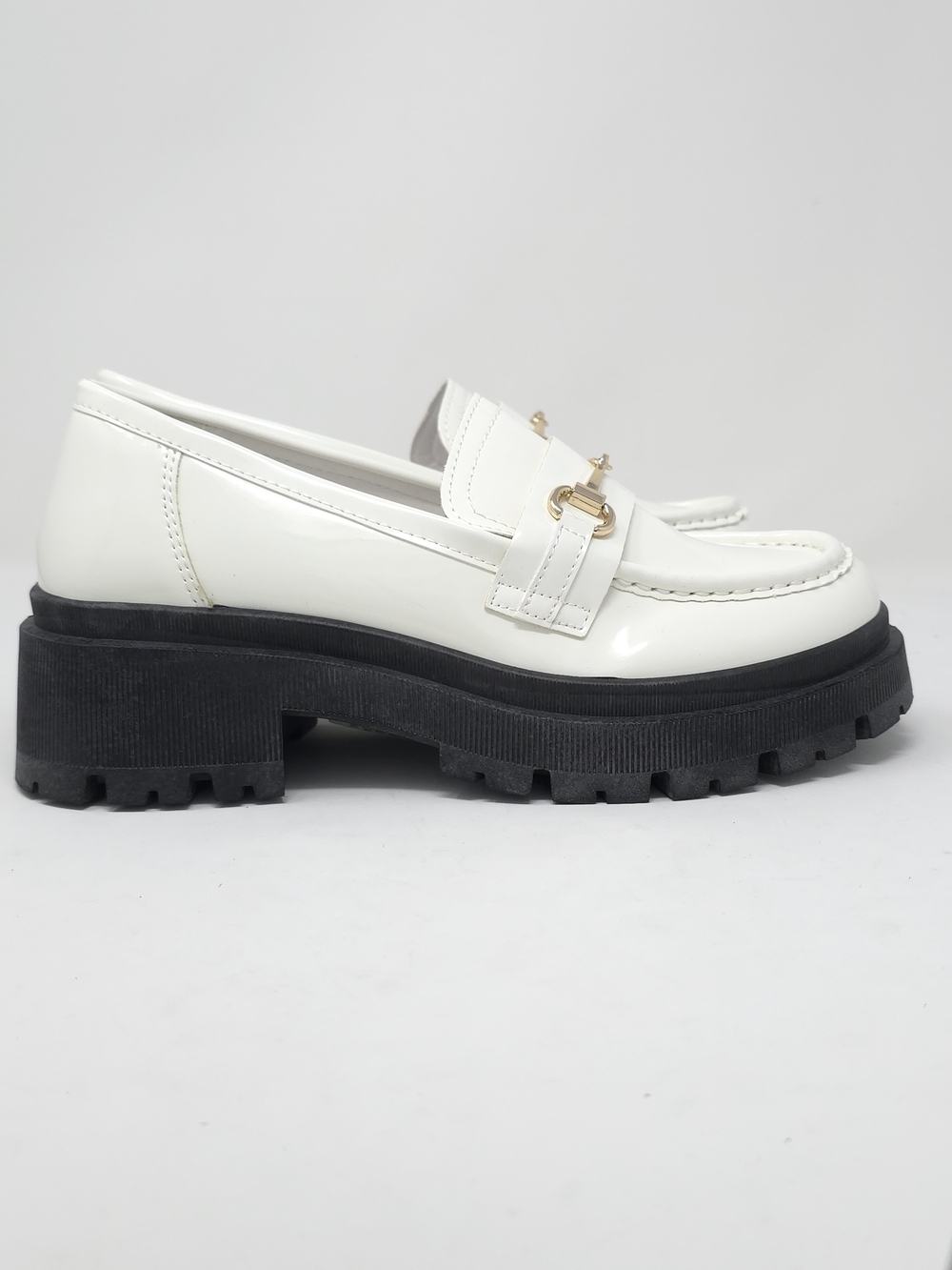 White Chunky Platform Loafers Gold Chain Lug Sole Slip On Trendy - Picture 3 of 10